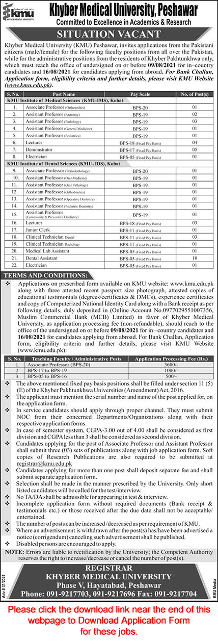 Khyber Medical University Peshawar Jobs July 2021 KMU Application Form Teaching Faculty & Others Latest