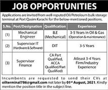 Mechanical Engineer & IT / Finance Supervisor Jobs in Karachi 2021 July August Oil / Petroleum Bulk Storage Terminal Latest