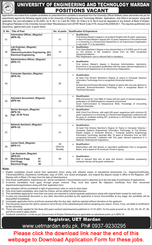 UET Mardan Jobs 2021 July Application Form University of Engineering and Technology Latest