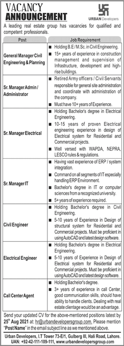 Urban Developers Lahore Jobs 2021 August Civil Engineer, Call Center Agents & Others Latest
