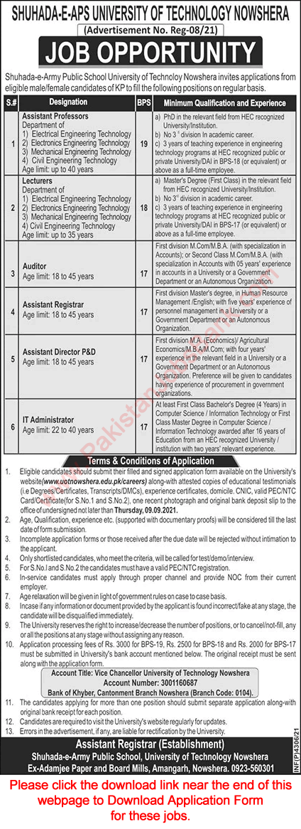 University of Technology Nowshera Jobs August 2021 Application Form Teaching Faculty & Others Shuhada e Army Public School Latest