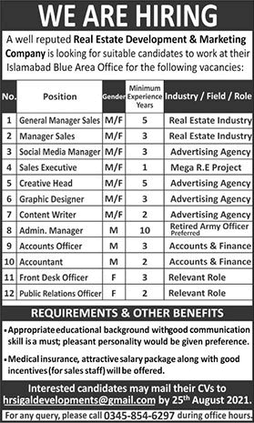 Real Estate Development & Marketing Company Islamabad Jobs 2021 August Admin Manager & Others Latest