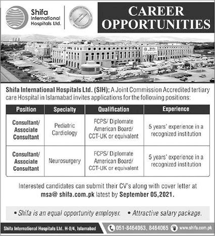 Medical Consultant Jobs in Shifa International Hospital Islamabad August 2021 Latest