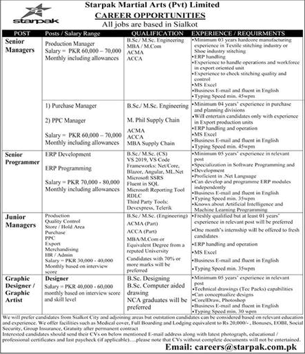 Starpak Martial Arts Pvt Ltd Sialkot Jobs 2021 August Managers & Others Latest