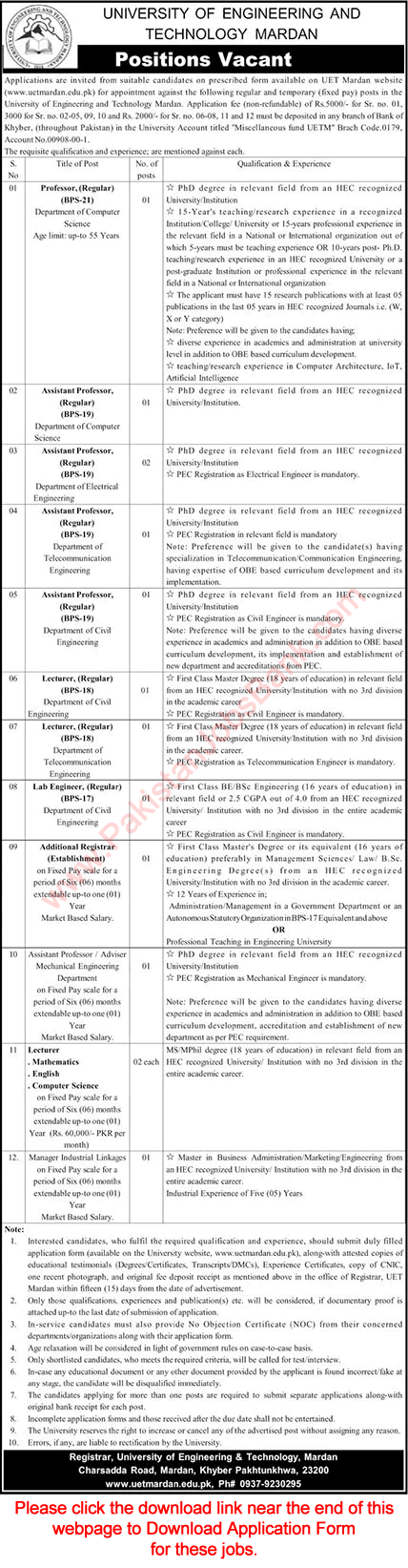 UET Mardan Jobs August 2021 Application Form Teaching Faculty & Others University of Engineering and Technology Latest