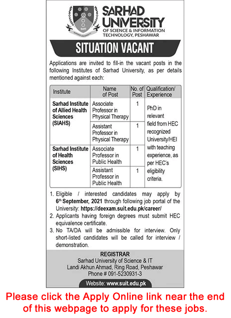 Sarhad University Peshawar Jobs August 2021 September Apply Online Teaching Faculty Latest