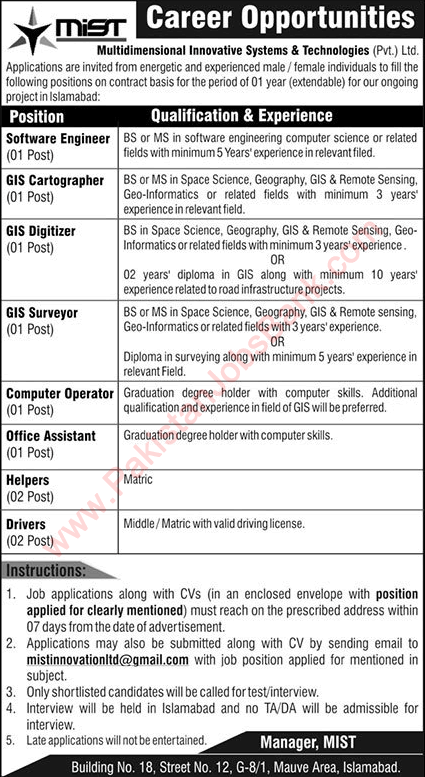 Multidimensional Innovative Systems & Technologies Islamabad Jobs 2021 August / September MIST Latest