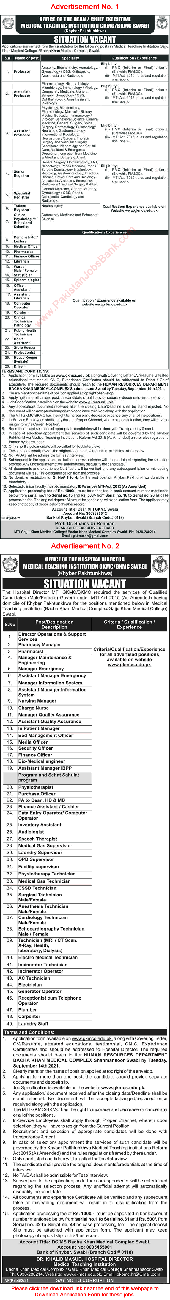 Bacha Khan Medical Complex Swabi Jobs August 2021 September GKMC BKMC Application Form Latest