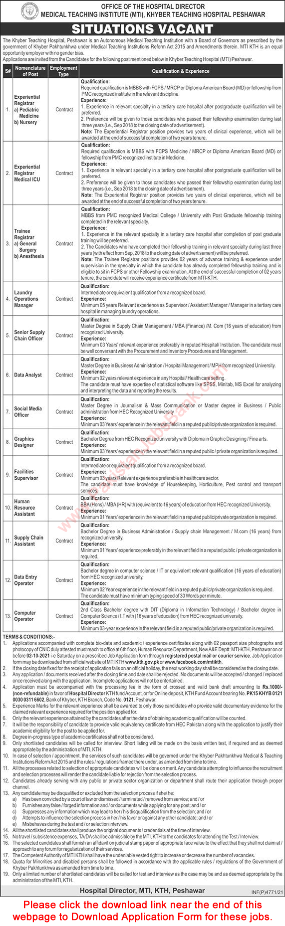 Khyber Teaching Hospital Peshawar Jobs September 2021 MTI KTH Application Form Latest