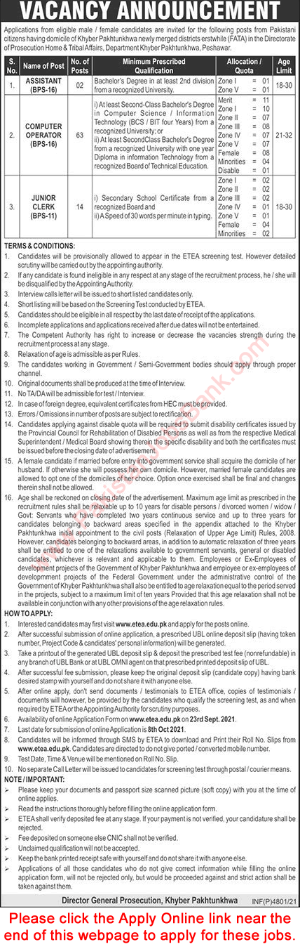 Directorate of Prosecution KPK Jobs September 2021 ETEA Apply Online Computer Operators, Clerks & Assistant Latest