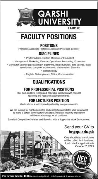 Qarshi University Lahore Jobs September 2021 Teaching Faculty Latest