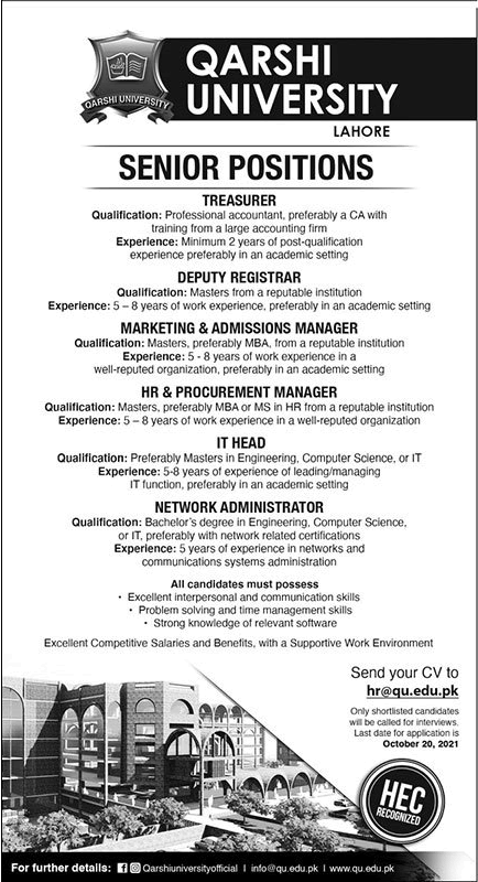 Qarshi University Lahore Jobs October 2021 Network Administrator, Marketing / Admission Manager & Others Latest