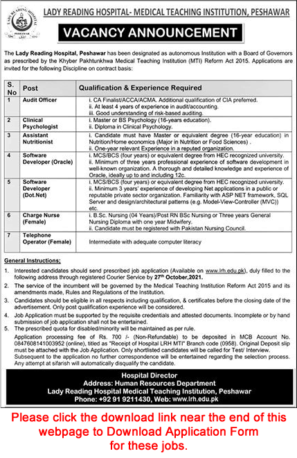Lady Reading Hospital Peshawar Jobs October 2021 Application Form Medical Teaching Institution MTI Latest