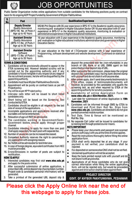 Public Sector Organization KPK Jobs October 2021 ETEA Apply Online Deputy / Assistant Directors Latest