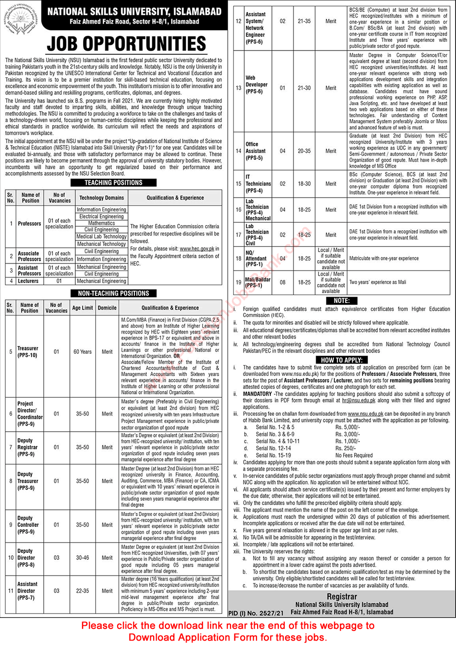 National Skills University Islamabad Jobs October 2021 NSU Application Form Teaching Faculty & Others Latest