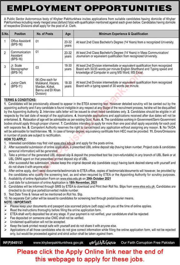 Public Sector Organization Jobs October 2021 November ETEA Apply Online Clerks, Stenographers & Others Latest