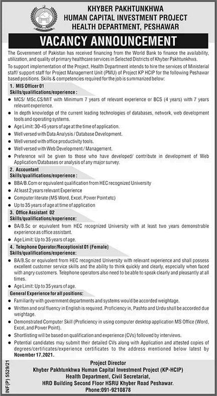 Health Department Peshawar Jobs October 2021 November Human Capital Investment Project Latest