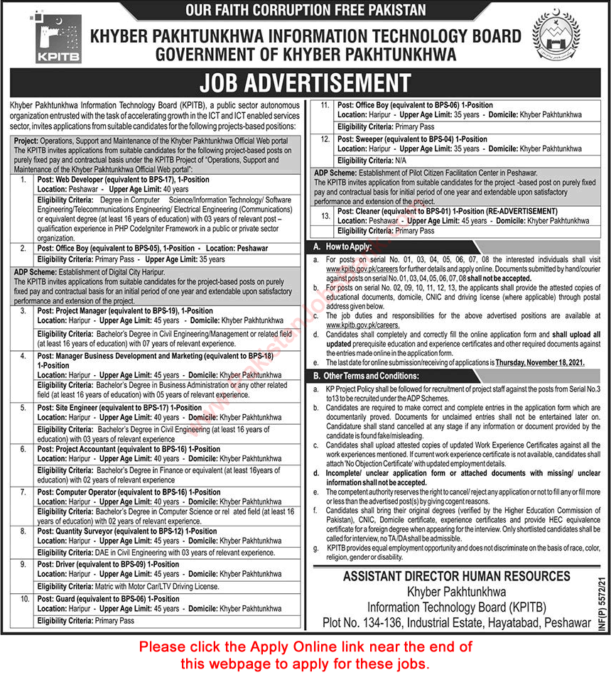 KPK IT Board Jobs November 2021 KPKITB Apply Online Computer Operators & Others Latest