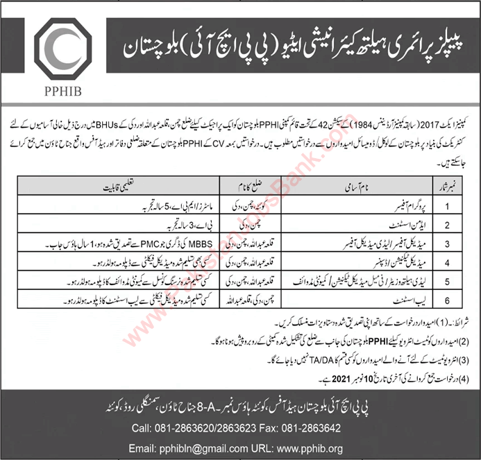 PPHI Balochistan Jobs November 2021 Medical Officers, Technicians & Others People's Primary Healthcare Initiative Latest