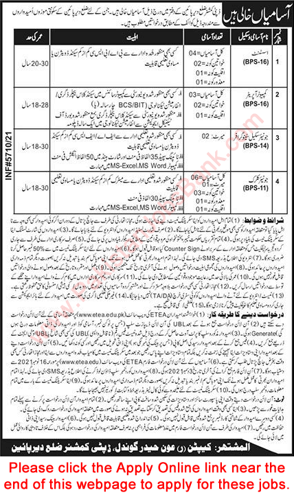 Deputy Commissioner Office Lower Dir Jobs 2021 November ETEA Apply Online Clerks, Assistants & Others Latest