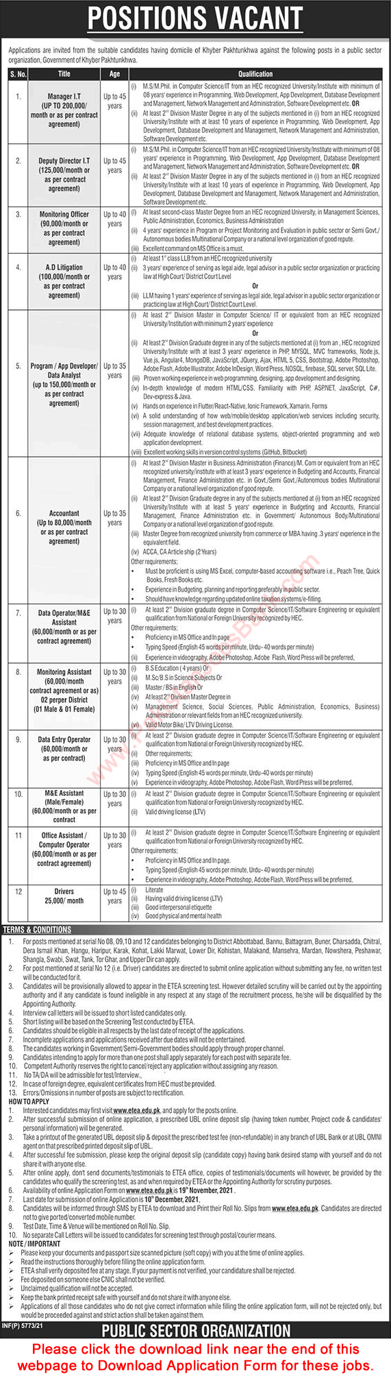 Public Sector Organization Jobs November 2021 ETEA Online Application Form Data Entry Operators, Office Assistants & Others Latest