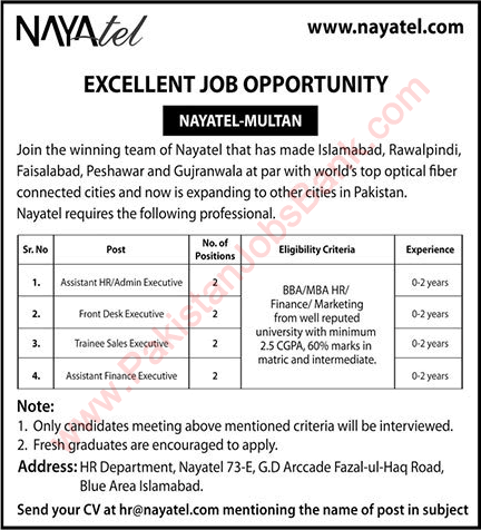 Nayatel Multan Jobs November 2021 Trainee Sales Executives, Front Desk Executives & Others Latest