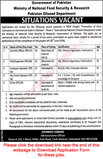 Ministry of National Food Security & Research Jobs November 2021 Application Form Security Officers & Others Latest