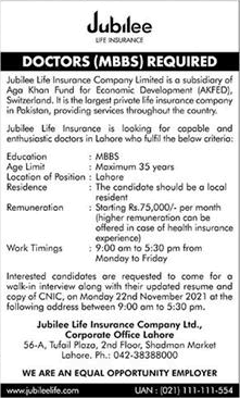 Doctor Jobs in Jubilee Life Insurance Company Limited November 2021 Walk in Interview Latest
