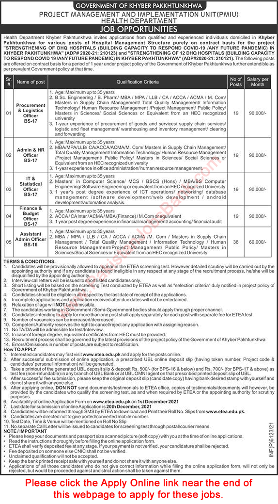 Health Department KPK Jobs December 2021 ETEA Apply Online Admin / HR Officer & Others Latest