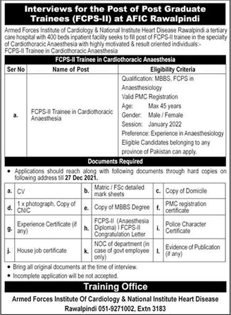 AFIC Rawalpindi FCPS Postgraduate Training December 2021 in Cardiothoracic Anesthesia Latest