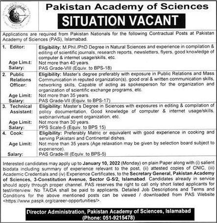 Pakistan Academy of Sciences Islamabad Jobs December 2021 Public Relations Officer & Others Latest