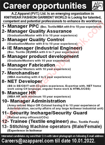 A Z Apparel Pvt Ltd Faisalabad Jobs 2021 December 2022 Trainee Textile Engineer & Others Latest