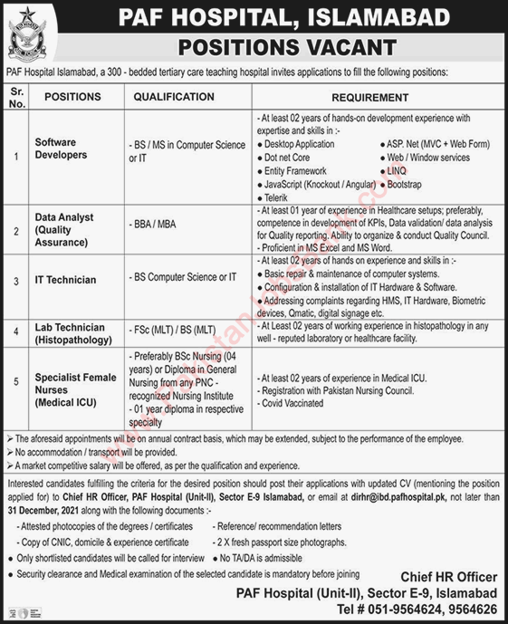 PAF Hospital Islamabad Jobs December 2021 / 2022 Software Developers, Nurses & Others Latest
