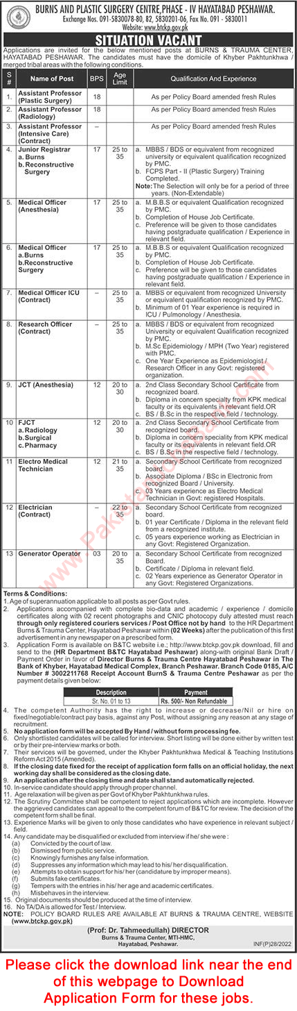 Burns and Plastic Surgery Center Peshawar Jobs 2022 Application Form Medical Officer & Others Latest