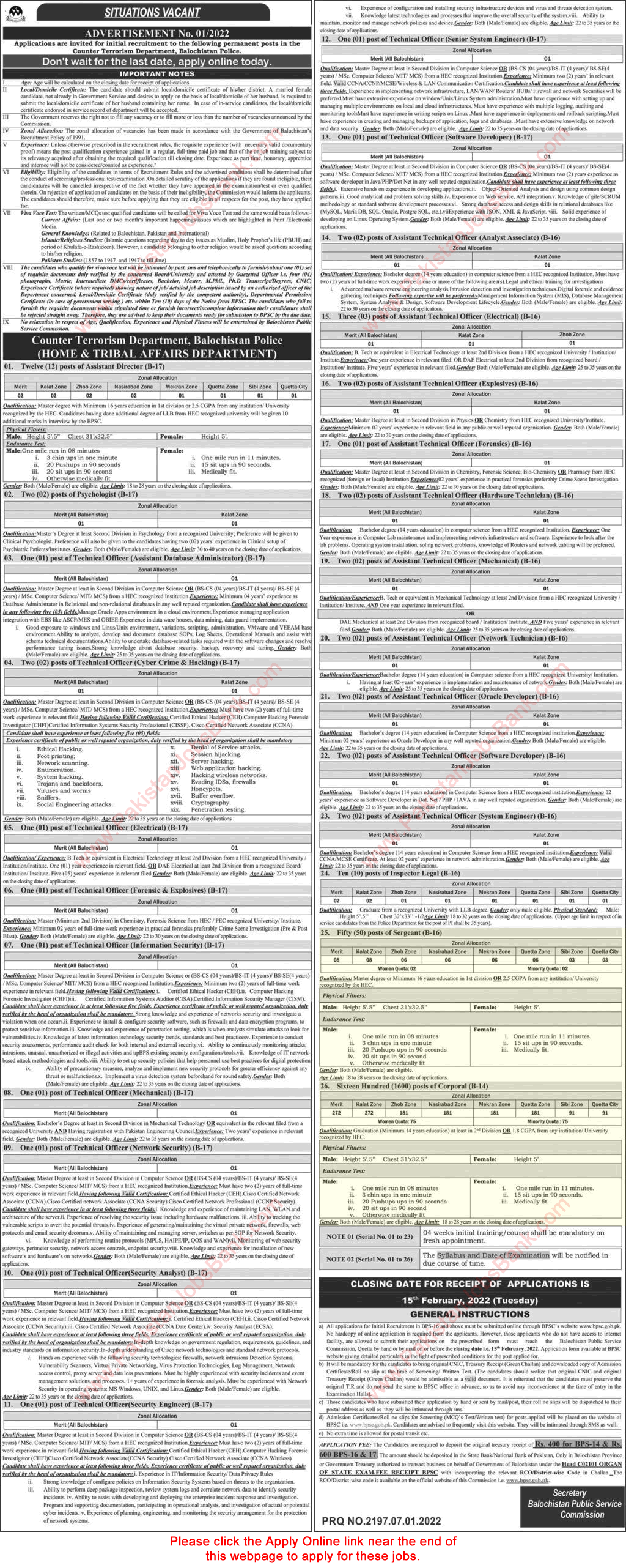 Balochistan Police Jobs 2022 Corporals & Sergeants BPSC Apply Online Counter Terrorism Department CTD Latest