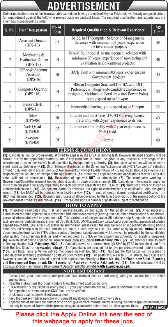 Planning and Development Department KPK Jobs 2022 ETEA Apply Online Clerks, Naib Qasid & Others Latest