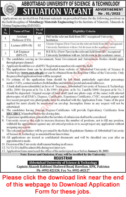 Abbottabad University of Science and Technology Jobs 2022 Application Form Teaching Faculty & Lab Engineer Latest