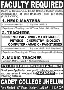 Cadet College Jhelum Jobs 2022 Teachers & Head Masters Latest