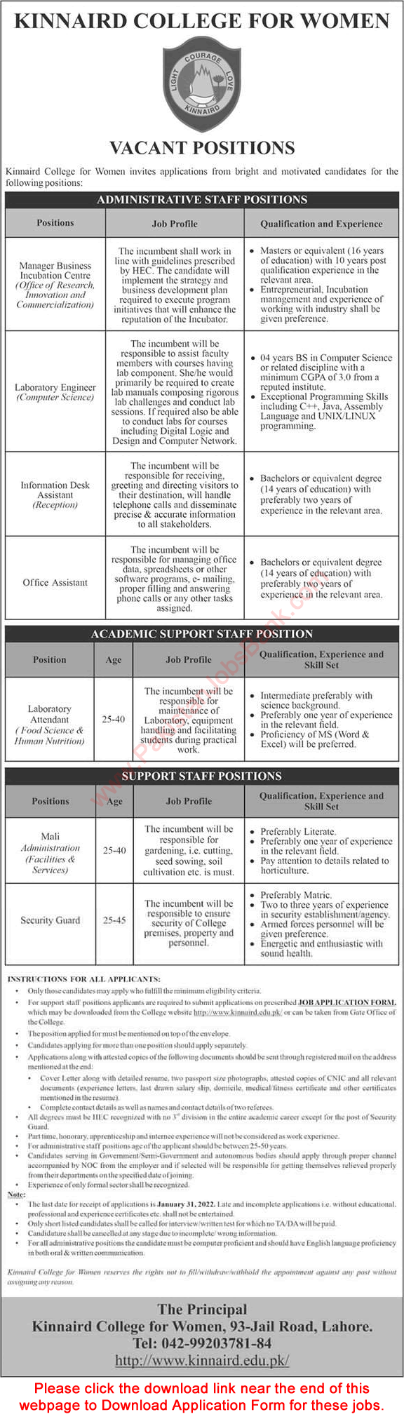 Kinnaird College for Women Lahore Jobs 2022 Application Form Lab Engineer, Office Assistant & Others Latest