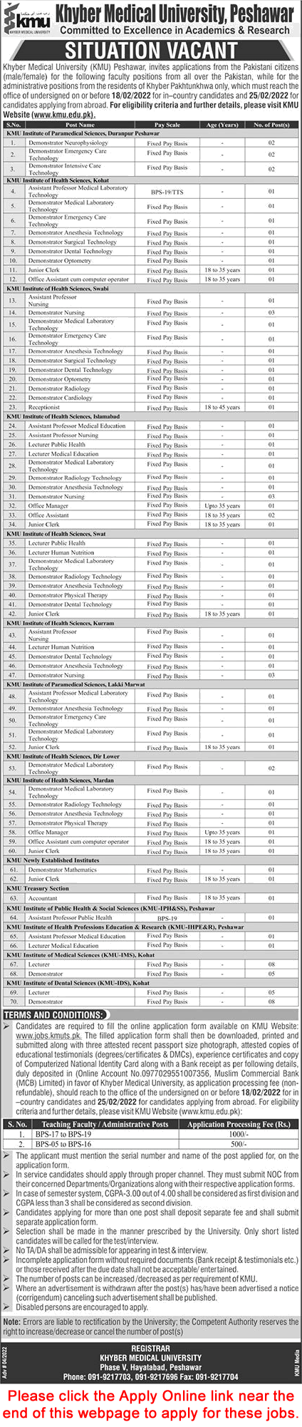 Khyber Medical University Jobs 2022 January / February KMU Application Form Teaching Faculty & Others Latest