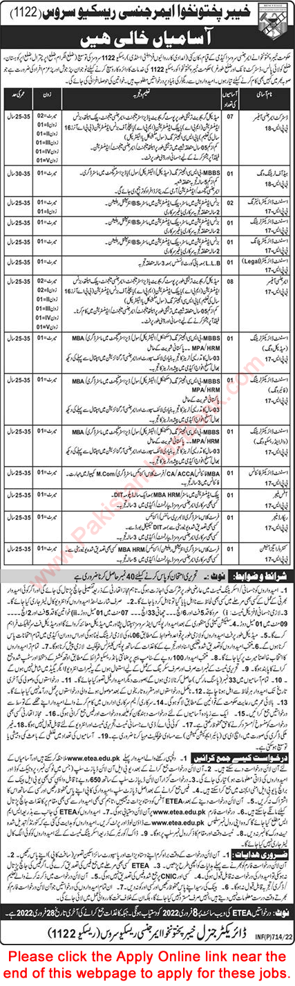 Rescue 1122 KPK Jobs 2022 February ETEA Apply Online Emergency Officers & Others Latest