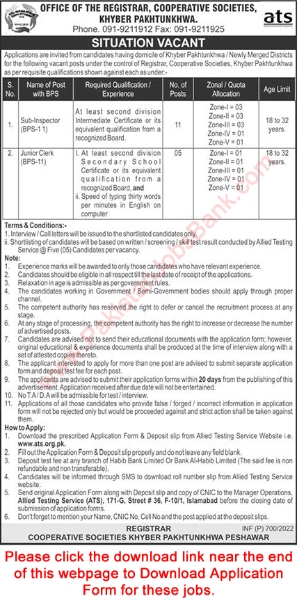 Cooperative Societies KPK Jobs 2022 February ATS Application Form Sub Inspectors & Clerks Latest