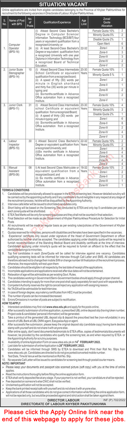 Directorate of Labour KPK Jobs 2022 February ETEA Apply Online Clerks, Computer Operators & Others Latest