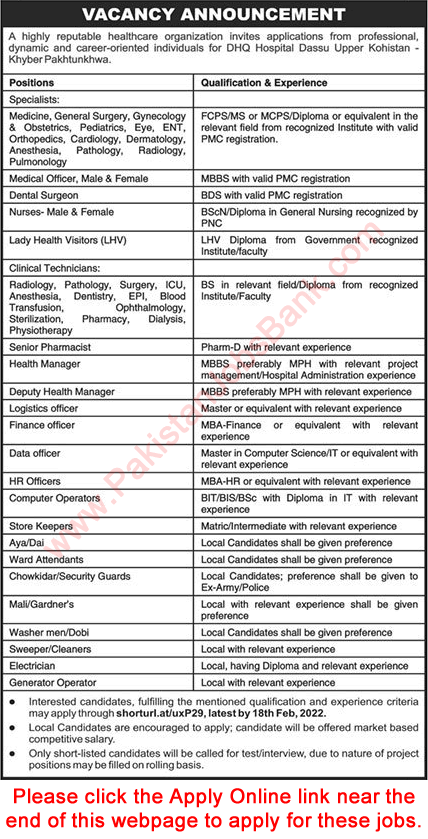 DHQ Hospital Dassu Upper Kohistan Jobs 2022 February Apply Online Medical Specialists, Technicians, Nurses & Others Latest