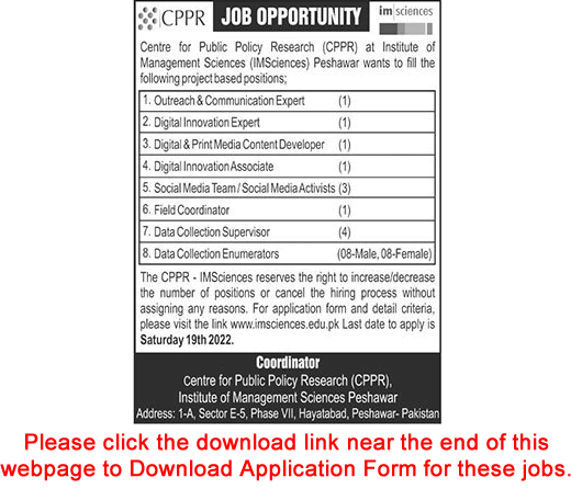 Institute of Management Sciences Peshawar Jobs 2022 February Application Form Centre for Public Policy Research Latest