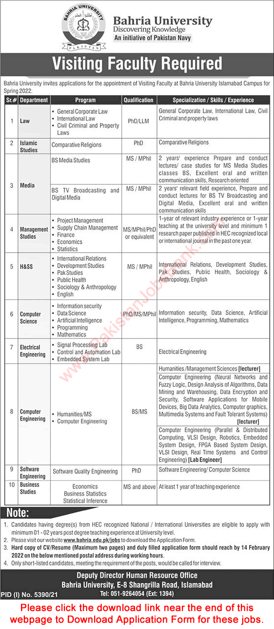 Visiting Faculty Jobs in Bahria University Islamabad Jobs 2022 February Application Form Download Latest