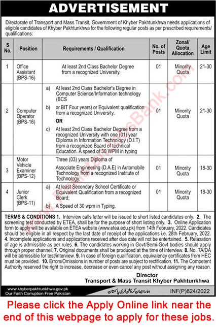 Transport and Mass Transit Department KPK Jobs 2022 February ETEA Apply Online Latest