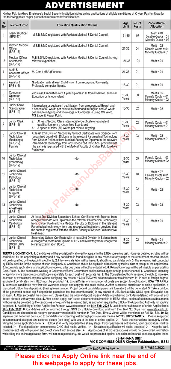 Employees Social Security Institution KPK Jobs 2022 February ETEA Apply Online Latest