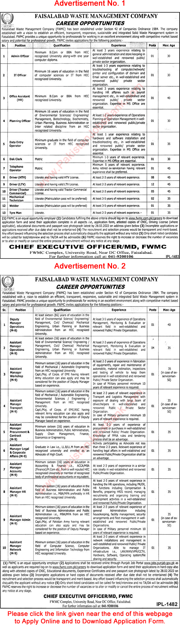Faisalabad Waste Management Company Jobs February 2022 FWMC Online Application Form Drivers & Others Latest