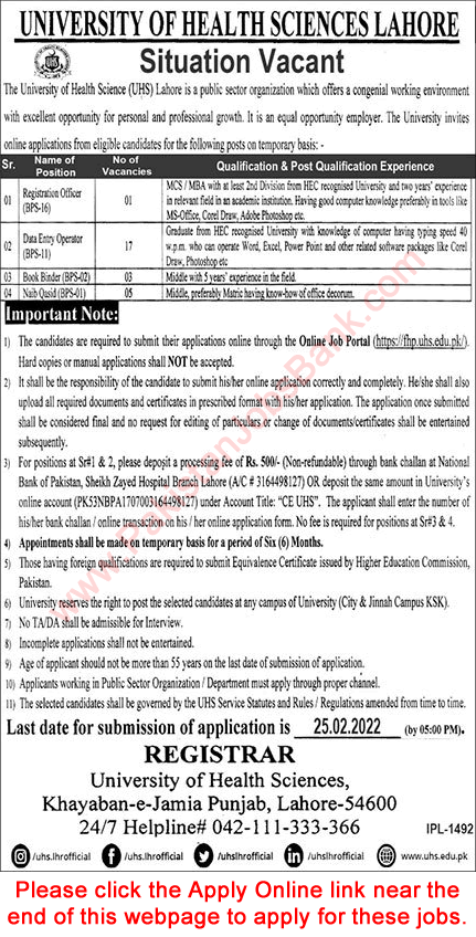 University of Health Sciences Lahore Jobs 2022 February UHS Apply Online Latest